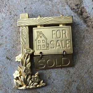 JJ Gold Tone Realator For Sale/Sold Sign Brooch